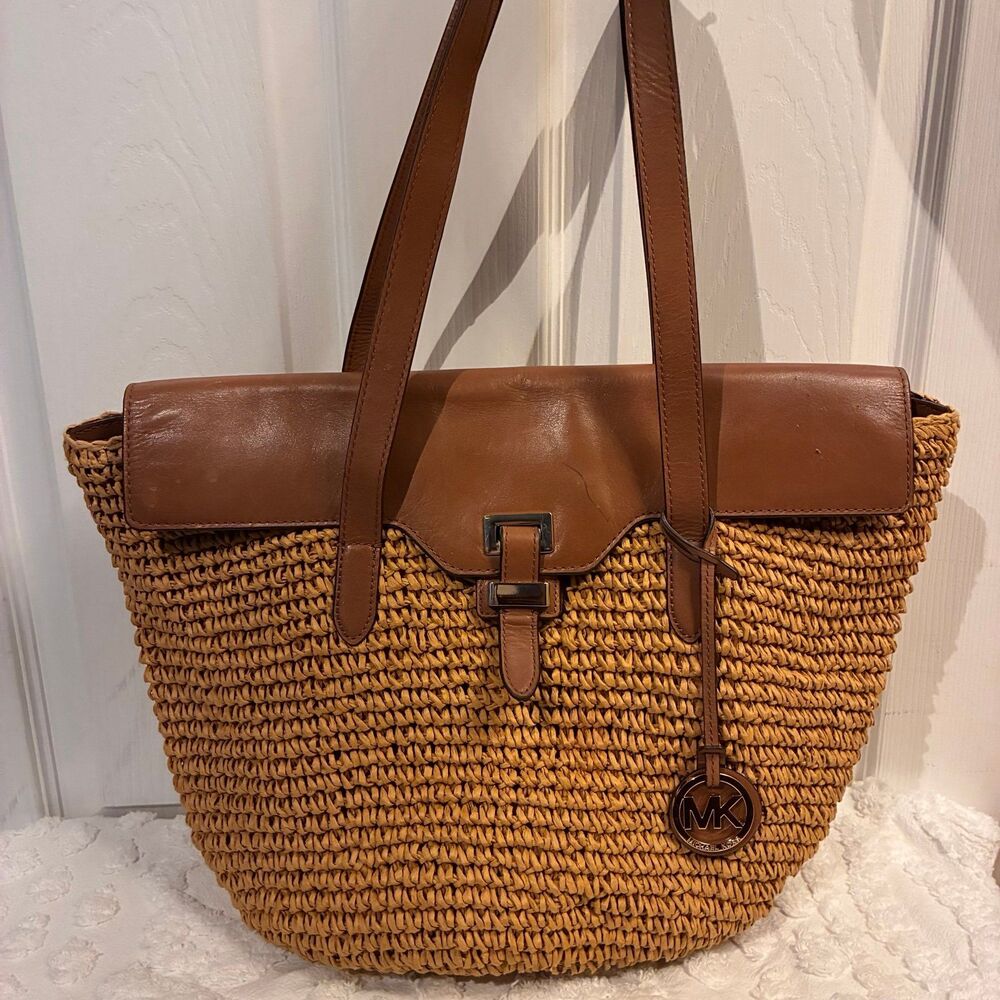 Michael Kors Woven Brown Leather Straw Raffia Naomi Large Tote with Bag Charm